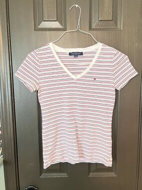 Tommy Hilfiger White V-Neck Tee with Red & Navy Stripes